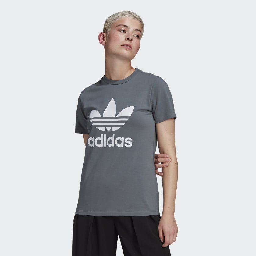 Adidas T-shirt con trifoglio grande, colore grigio e bianco