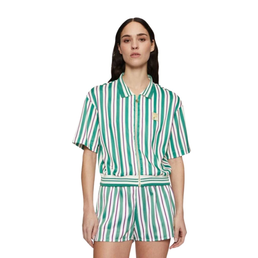 Fila LASSANCE Polo Full-Zip Cropped Striped Satin - Antique White/Green/Purple